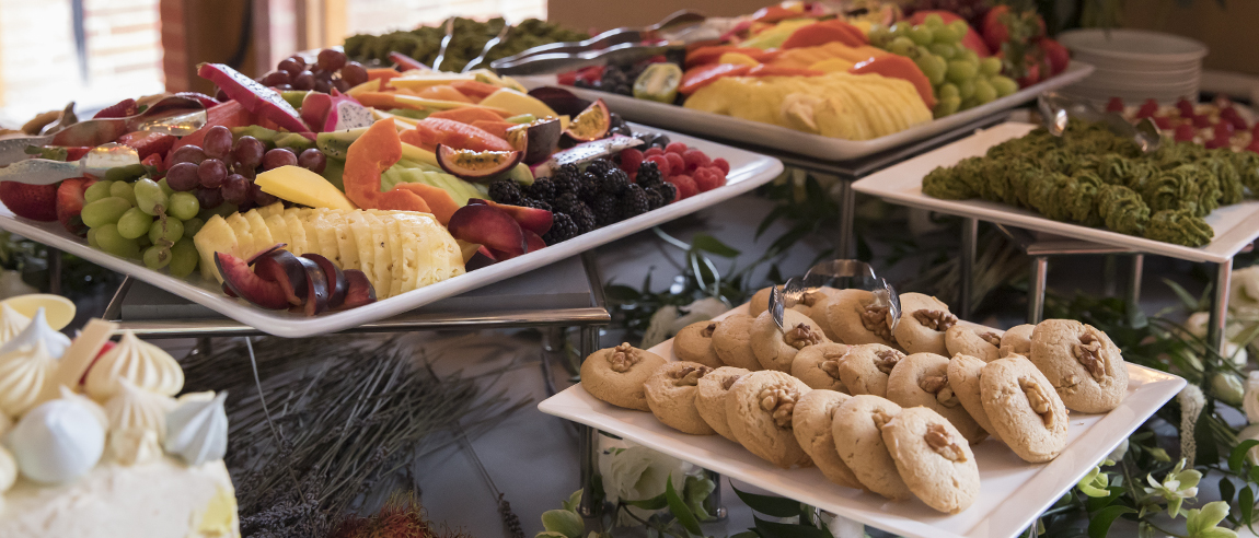Catering meals setup on a table including fruit